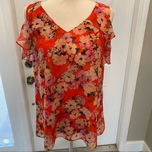 CAbi Lush Cold Shoulder Blouse Floral Print Ruffle